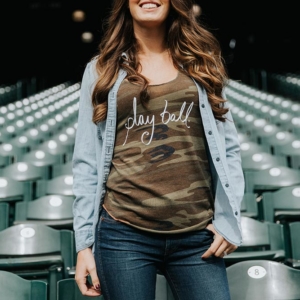 Play Ball tank in camo with denim long sleeve over it