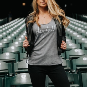 Play Ball tank in grey with leather jacket
