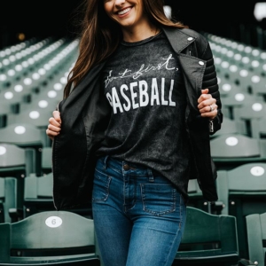 But First, Baseball t-shirt in black with a black leather jacket